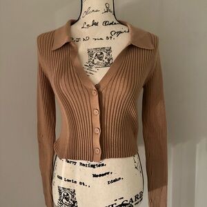 Aerie Tan Ribbed Button-Up Cardigan